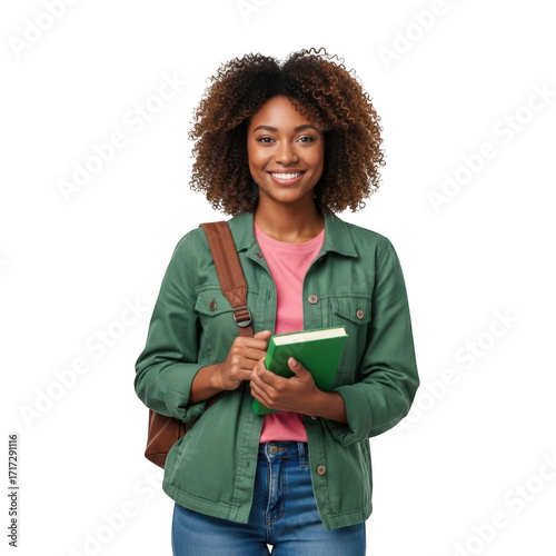 Smiling young woman with curly hair holding a book isolated on transparent background