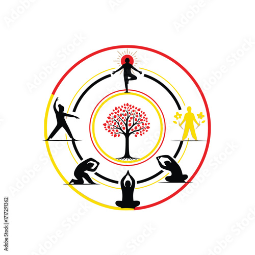 Vector art of circular mandala with yoga poses and tree of life