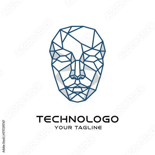 Abstract geometric wireframe human face logo design representing technology and artificial intelligence.