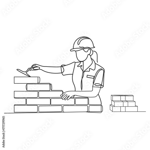 Bricklaying, building, building walls, worker in uniform lays bricks one line art. Continuous line drawing of repair, professional, hand, people, concept, support, maintenance.
