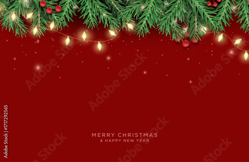Christmas decoration border with fir branches and golden glitter confetti and sparkles of lights on background. Bright Christmas and New Year design holiday frame. Creative vector illustration.