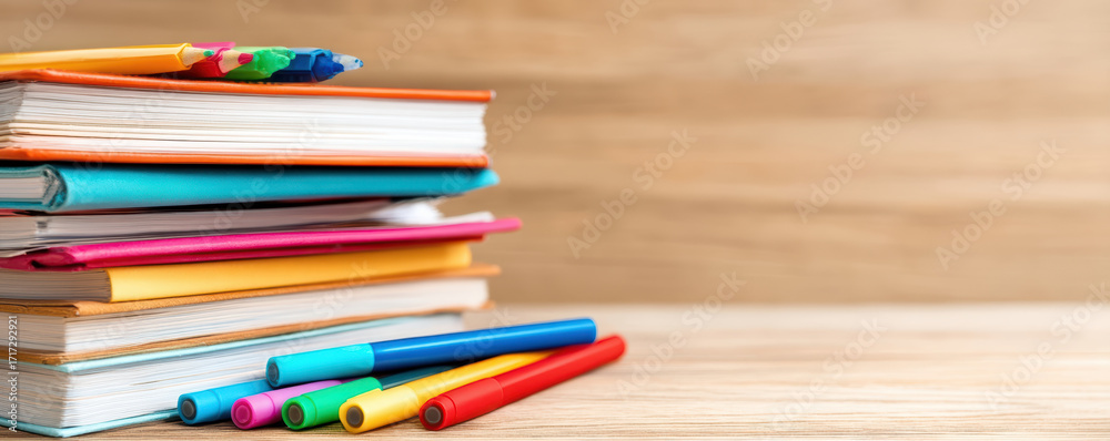 Fototapeta premium colorful stack of notebooks accompanied by vibrant pens, showcasing a creative workspace ready for study or artistic endeavors.