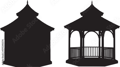 Two gazebo silhouettes one solid one detailed silhouette