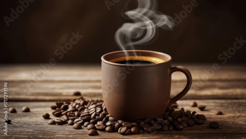 Steaming Coffee Cup on Wood.