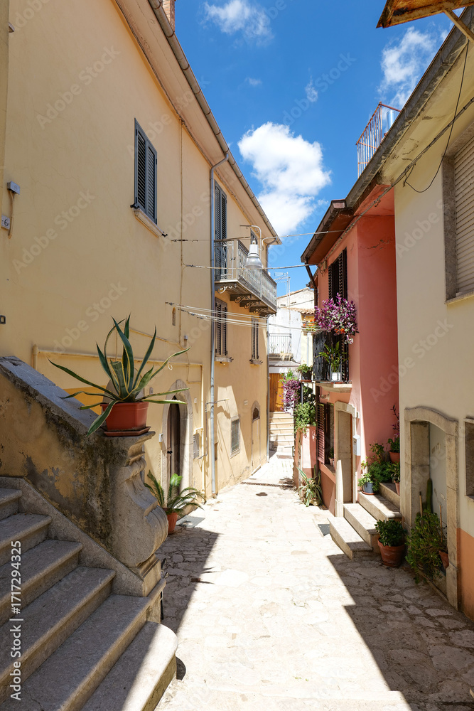 Obraz premium A narrow street among the colorful houses of Sant'Andrea di Conza, a small town in Campania, Italy.