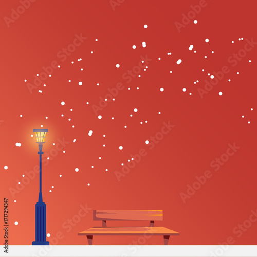 Abstract illustration of a park at night on a snowy day. Orange background.