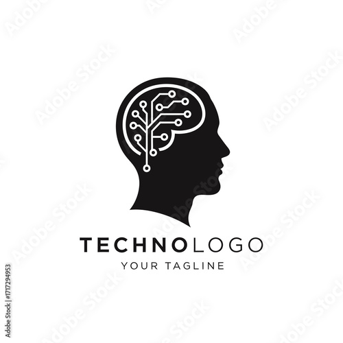 Human head silhouette with a circuit board brain, symbolizing artificial intelligence, digital thinking, and technological innovation.