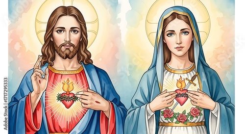 Jesus and Mary with Sacred Hearts on Their Chests – Christian Religious Vector Illustration Symbolizing Divine Love and Compassion