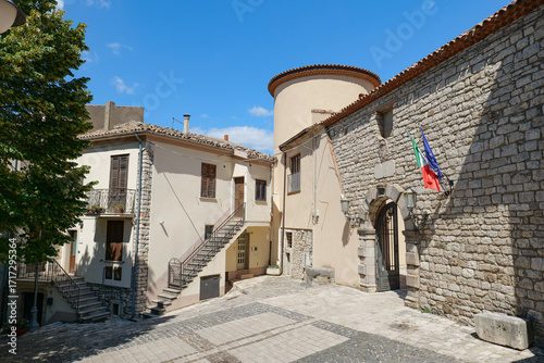 Facade and entrance door to the town hall of Sant' Andrea di Conza, a small town in Campania, Italy.