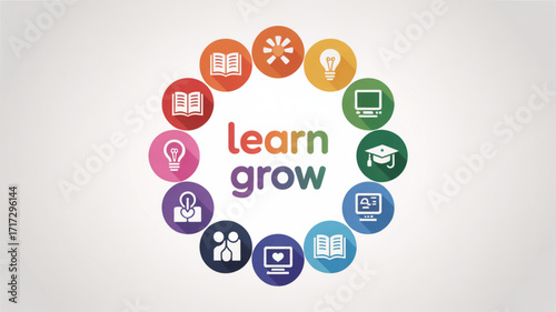 Learn and grow education concept with books lightbulb graduation cap and computer icons vector illustration