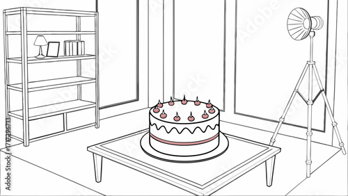 Line Art Illustration: Decorated Cake in Photography Studio Setup with Lighting and Shelves, Concept for Food Product Photography