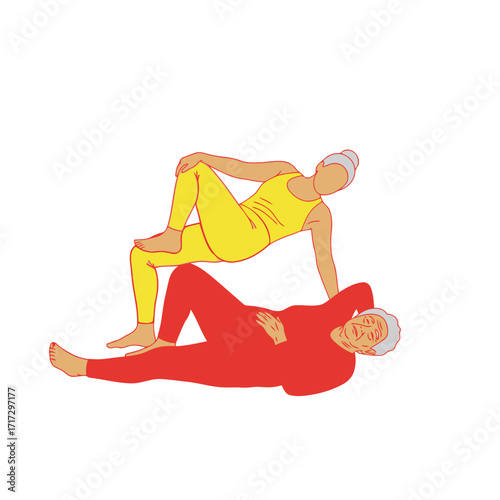 Vector art of two elderly women doing yoga poses on a mat