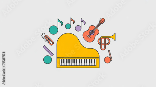 Colorful music instruments vector illustration featuring piano guitar trumpet and other musical equipment art