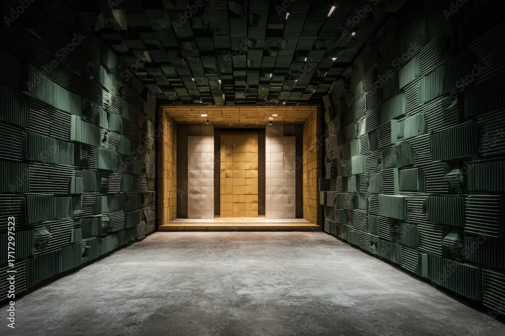 Obraz premium Sound dampening fabrics being tested in climate-controlled chamber, moss green and light gold 