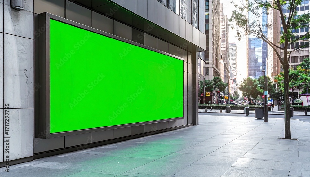 Fototapeta premium Large outdoor green screen billboard on a modern building in a city environment, perfect for your advertising, marketing, or promotional content display