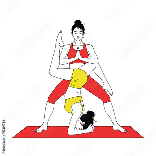 Vector art of two women performing a yoga pose together on a mat
