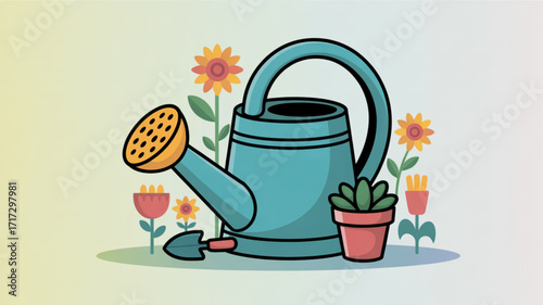 Gardening tools and flowers illustration for spring garden care and planting watering can and pot plants design