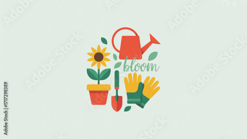 Gardening tools and sunflower vector illustration for spring season bloom and garden care concept design art vector