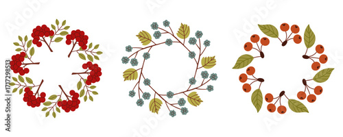 Set of Round frame made of berries and leaves. Woodland wreath. Elegant floral seamless pattern. Template with copy space for wedding invitations and greeting cards. Vector stock illustration.