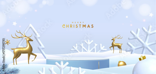 Christmas holiday snowcase background with 3d podium, snow, plastic snowflakes and golden deer statuettes on white background. Vector illustration