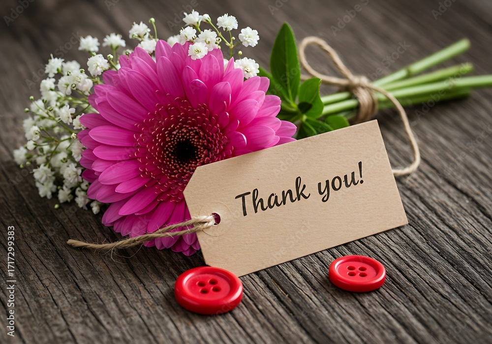 Naklejka premium A heartfelt thank you with a bouquet of vibrant pink gerbera and delicate white flowers on wood.