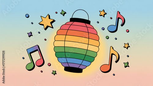 Rainbow lantern with music notes and stars festive celebration vibrant design party decoration illustration