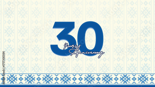 30 Years Anniversary Celebration logo number 30th with blue on nice soft jamdani pattern, 3D vector illustration
