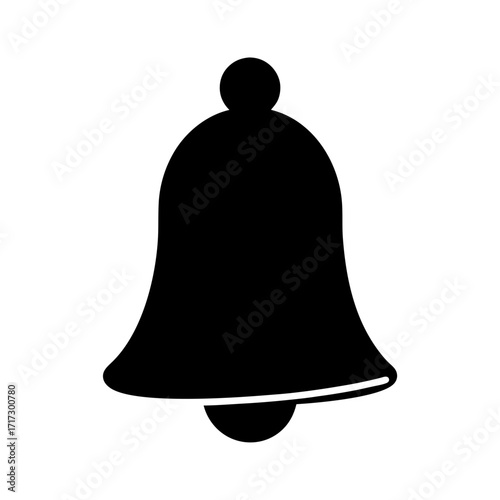 Black notification bell silhouette icon-Minimalist black silhouette of a bell icon on white background, symbolizing notifications, alerts, ringing, alarms, and reminders.