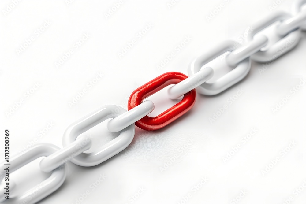 Fototapeta premium Chain with one red link isolated on white background, symbolizing strength, connection, and individuality