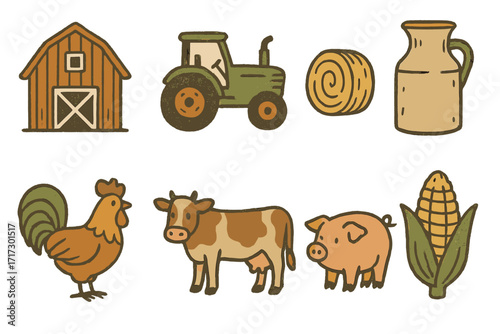 Rustic farm elements with barn, tractor, animals, and produce in hand drawn style