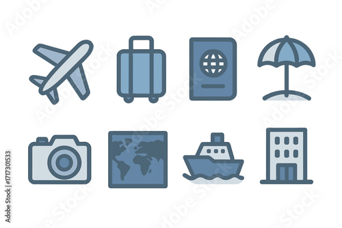 Travel icons set: plane, luggage, passport, umbrella, camera, map, ship, building