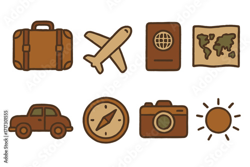 Travel icons set: adventure symbols with suitcase, plane, passport, map, and more