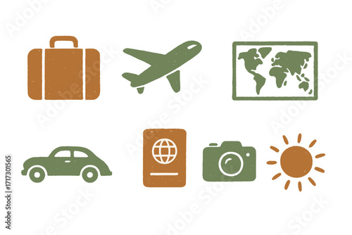 Vintage travel icons set featuring luggage, passport, airplane, camera, map, car, and sun