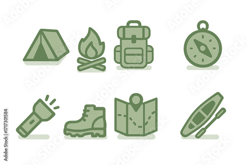 Outdoor adventure icons: camping essentials in flat design