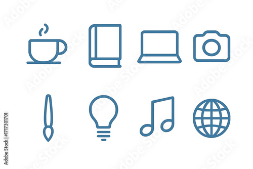 Essential linear icons for everyday activities including coffee, books, and technology