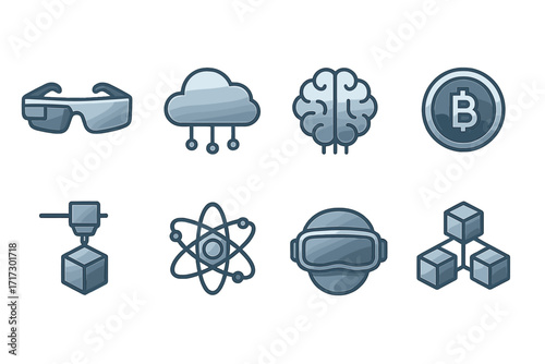 Futuristic technology icons set featuring augmented reality, blockchain, and cloud concepts in modern flat design