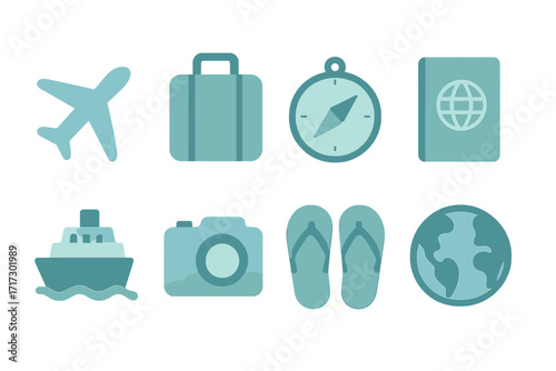 Travel icons set: airplane, suitcase, compass, passport, ship, camera, flip flops, globe