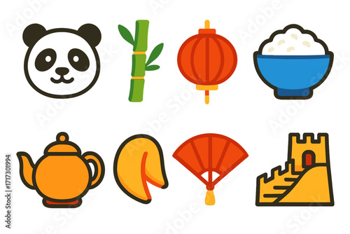 Colorful chinese icons: panda, lantern, great wall, and more in flat style