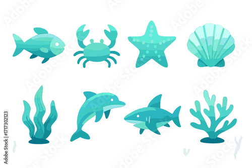 Aquatic life: flat marine icons featuring fish, dolphin, and coral