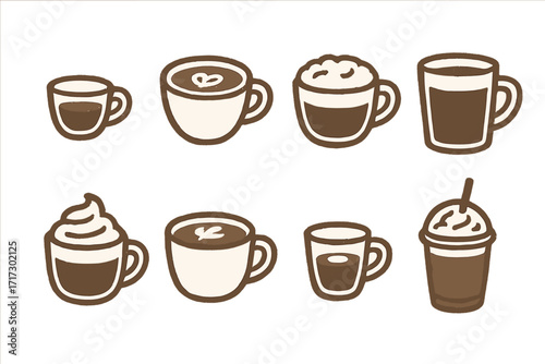 Hand-drawn coffee icons set featuring various cups and mugs