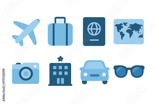 Travel icons set: airplane, luggage, passport, map, camera, hotel, car, sunglasses