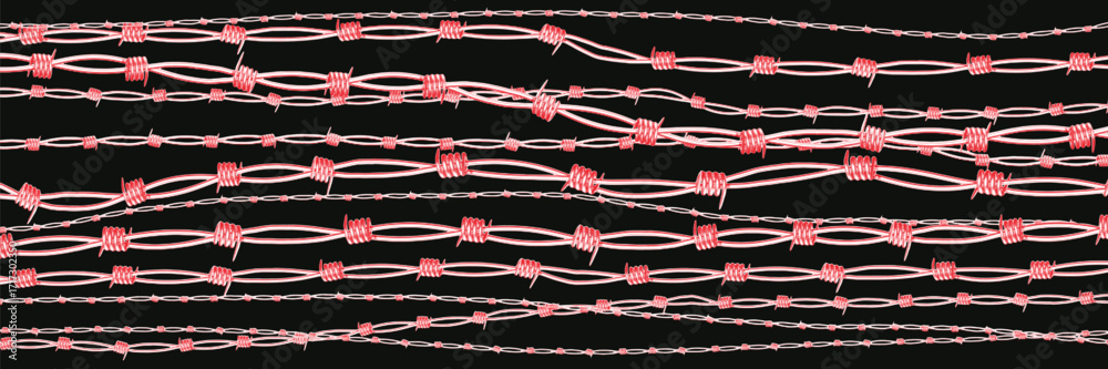 Φωτογραφία Multiple strands of barbed wire with bright red barbs are arranged in a chaotic and uneven pattern against a black background, conveying a sense of tension and discomfort