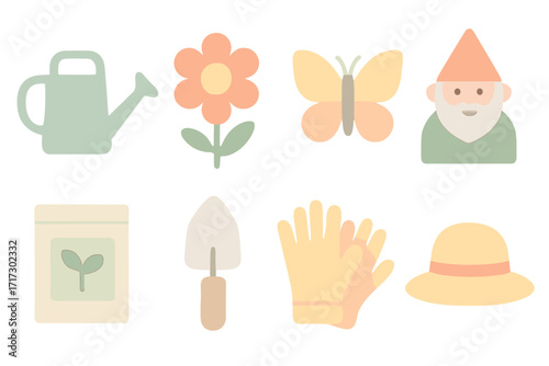Charming gardening icon set with pastel colors and cute elements