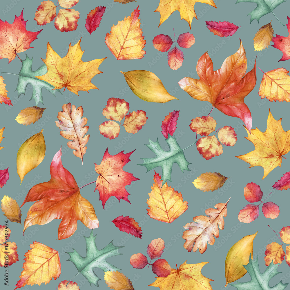 Obraz premium Seamless pattern with watercolor hand drawn colorful leaves on grey blue background