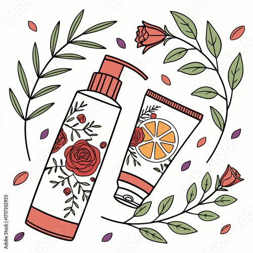 Botanical fusion vector collection: beauty creams and serums with integrated floral elements like rose petals, lavender sprigs, aloe leaves, and citrus slices morphing into the packaging.