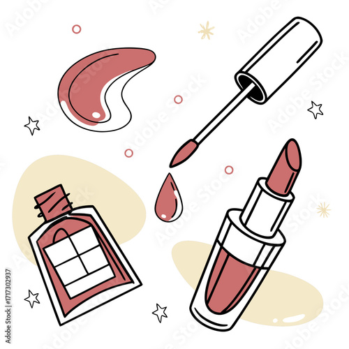 Artistic vector illustrations of abstract liquid cosmetic smears: foundation swatch, lipstick stroke, nail polish drip, and serum drops. Bold shapes, minimal outlines, perfect for trendy backgrounds