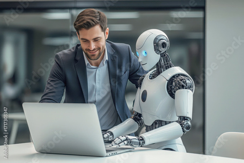 Man and AI humanoid robot using laptop work together and collaborating, symbolizing AI agent partnership help job and work with AI