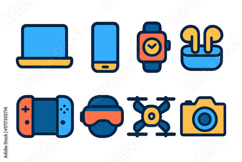 Modern gadgets icons collection in stylish neon outline design