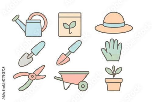 Gardening icons: essential tools and symbols in pastel outline style