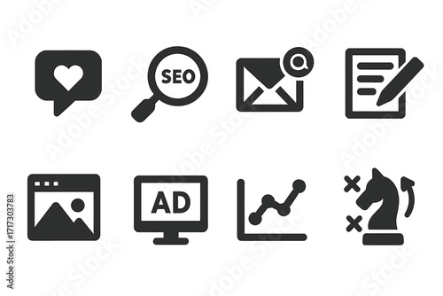 Dark mode icons for digital marketing and seo: modern web design set